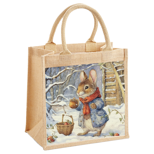 Nordic Santa and Blue Christmas Tree Victorian Squirrel Jute Shopping Bag
