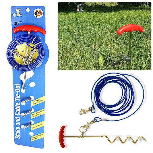 30ft Dog Tie Out Cable and Stake Set for Safe Pet Containment