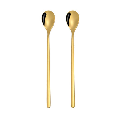 2 PCS Stainless Steel Spoon Creative Coffee Spoon Bar Ice Spoon Gold Plated Long Stirring Spoon, Round Spoon Gold