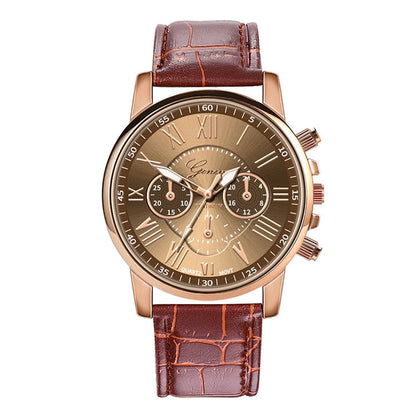 Three-eye Six-needle Belt Quartz Watch for Women / Men, Black, Blue, Brown, White
