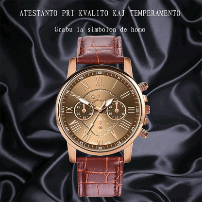 Three-eye Six-needle Belt Quartz Watch for Women / Men, Black, Blue, Brown, White