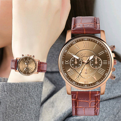 Three-eye Six-needle Belt Quartz Watch for Women / Men, Black, Blue, Brown, White