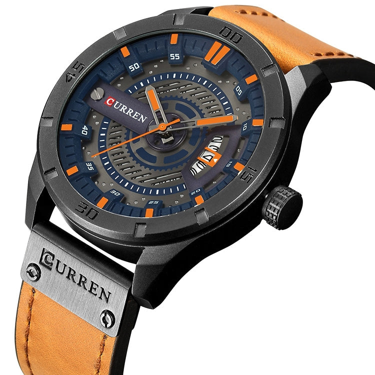 CURREN M8301 Men Military Sports Watch Quartz Date Clock Leather Wristwatch, black case orange, black case red, black case black face deep brown band, black case grey face light brown band, black case blue