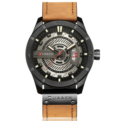 CURREN M8301 Men Military Sports Watch Quartz Date Clock Leather Wristwatch, black case orange, black case red, black case black face deep brown band, black case grey face light brown band, black case blue