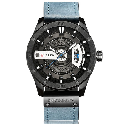CURREN M8301 Men Military Sports Watch Quartz Date Clock Leather Wristwatch, black case orange, black case red, black case black face deep brown band, black case grey face light brown band, black case blue