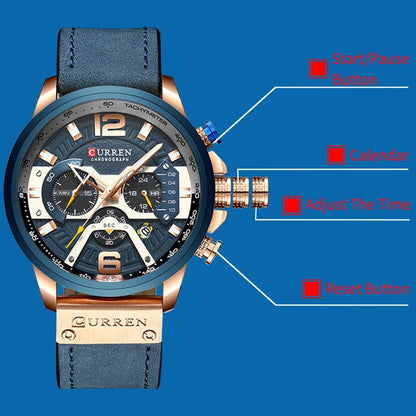 CURREN M8329 Casual Sport Leather Watch for Men, Rose blue, Rose black, Gold black, Black Khaki, White black
