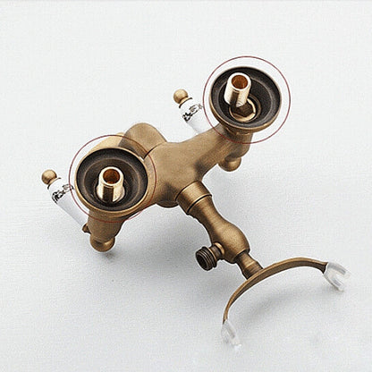 Antique Brass Wall Mounted Bathroom Tub Faucet Dual Ceramics Handles Telephone Style Hand Shower, Blue and White Telephone Shower, Telephone Shower + Fixed Seat, Telephone Shower + Blue and White Fixed Seat