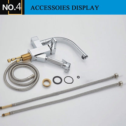 Kitchen Faucet Mixer Tap Single Handle Two Swivel Spouts Hot Cold Water Tap Pull Out Flushing Spray Tap, Low