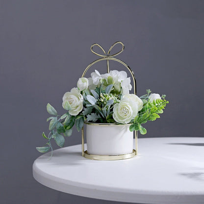 Wrought Iron Portable Frame Hydrangea Flower Pot Decoration Ornaments Home Study Office Wedding Decoration, Light Pink, Light Yellow, light Purple, Light Green, Light Blue, Elegant White
