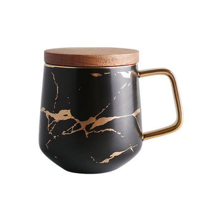 Marble Matte Gold Series Ceramic Tea Cup Coffee Mug With Wooden Lid Or Tray