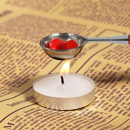 Wooden Handle Brass Seal Wax Spoon Tool Melting Sealing Wax Hand Account Stainless Steel Fire Paint Spoon, Straight Round Wooden Spoon
