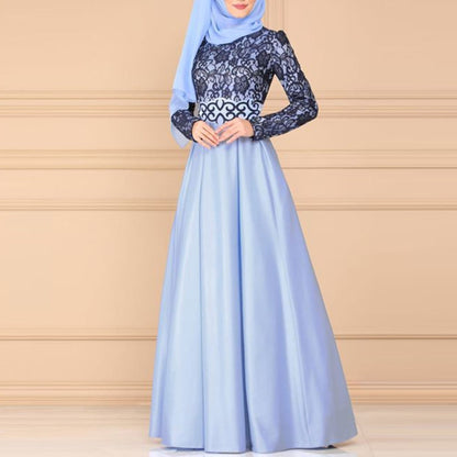 Lace Stitching Retro Large Swing Dress Ethnic Style Long-Sleeved Slim Dress, S, M, L, XL