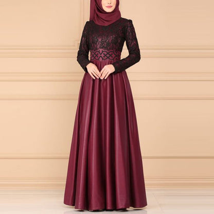 Lace Stitching Retro Large Swing Dress Ethnic Style Long-Sleeved Slim Dress, XXL, XXXXL, XXXXXL, XXXL