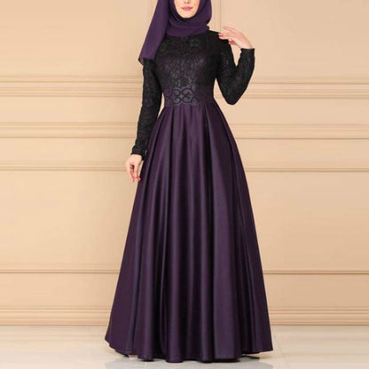 Lace Stitching Retro Large Swing Dress Ethnic Style Long-Sleeved Slim Dress, XXL, XXXXL, XXXXXL, XXXL