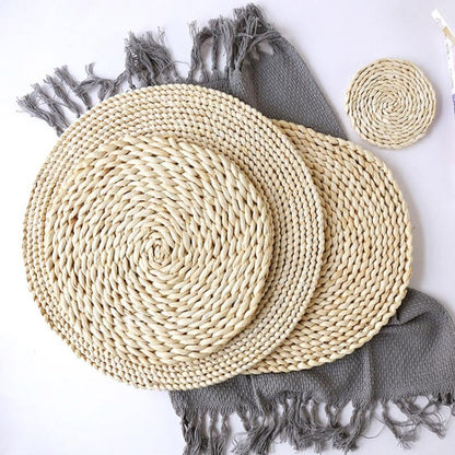 2 PCS Non-slip Natural Corn Woven Thickening Insulated Tea Mat Table Heat-resistant Casserole Mat, Round Coaster 10cm, Round Placemat 22cm, Round Placemat 35cm
