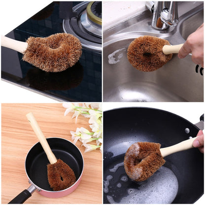 10 PCS Natural Coconut Palm Non-stick Oil Long Handle Pot Brush Cleaning Brush Kitchen Cleaning Tool, Coconut Palm Brush