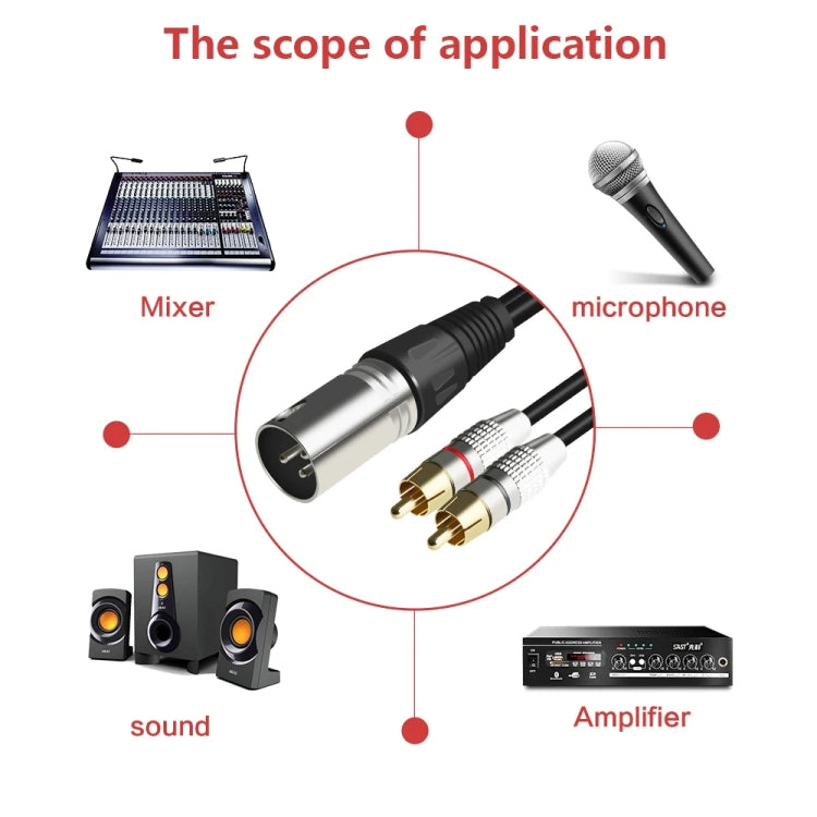 XLR Male To 2RCA Male Plug Stereo Audio Cable, Length:, 0.5m, 1m, 1.5m, 2m, 3m, 5m, 8m, 10m