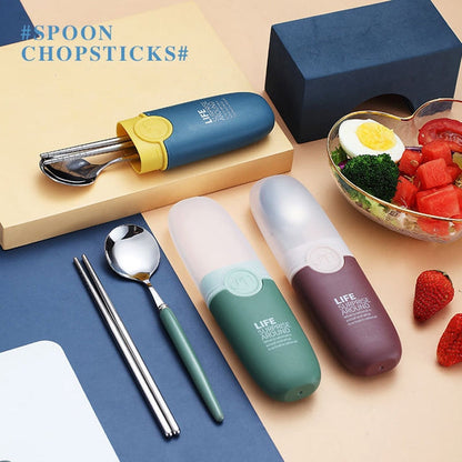 2 in 1 Simple Child Student Travel Portable 304 Stainless Steel Spoon Chopsticks Cutlery Set