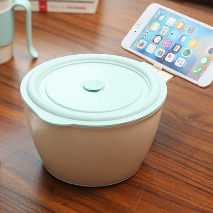 Wheat Fiber Instant Noodle Bowl Creative and Convenient Sealed Lunch Box with Mobile Phone Holder, Pink, Blue, Green