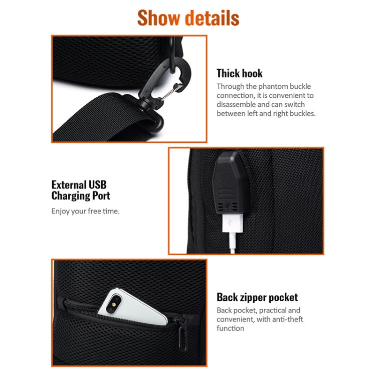 OZUKO 9223 Anti-theft Men Chest Bag Waterproof Crossbody Bag with External USB Charging Port, Standard Size, Large Size