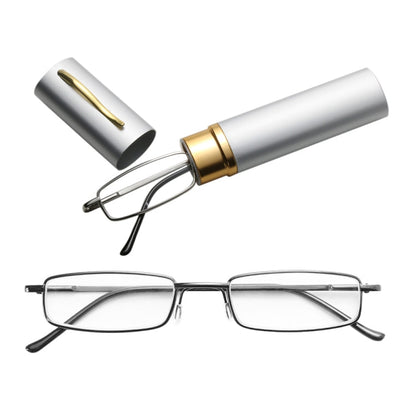 Reading Glasses Metal Spring Foot Portable Presbyopic Glasses with Tube Case, +2.50D, +3.00D, +3.50D