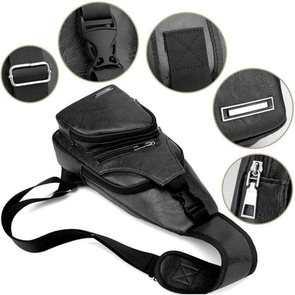Waterproof Leisure PU Leather Single Shoulder Bag Men Chest Bag with USB Charging Port and Headphone Hole