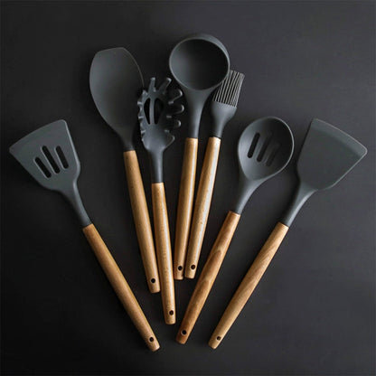 Silicone Wood Handle Spatula Heat-resistant Soup Spoon Non-stick Special Cooking Shovel Kitchen Tools, Fried Shovel, Leak Shovel, Round Soup Spoon, Colander Spoon, Large Soup Spoon, Draging Spoon, Spatula Shovel, Oil Brush