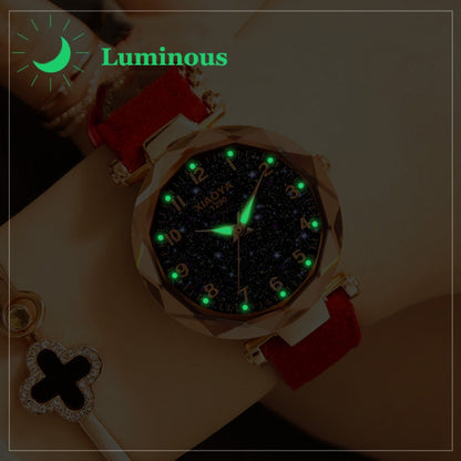 XIAOYA Fashion Women Star Sky Dial PU Leather Belt Quartz Wrist Watches