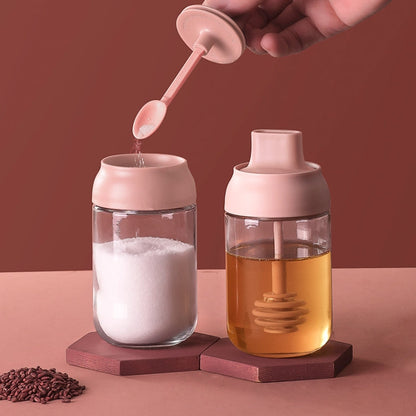 3 PCS Macaron Ribbon Moisture-Proof Lid Spoon One Seasoning Jar Glass Seasoning Bottle with Label, Seasoning Bottle, Honey Bottle, Brush Oil Bottle