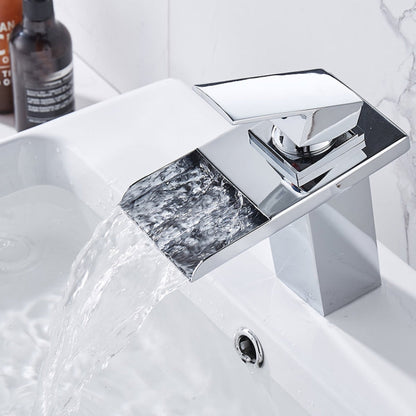 LED Three Lights Hot Cold Water Faucet Bathroom Waterfall Faucet CN Plug, Black, Electroplating Silver