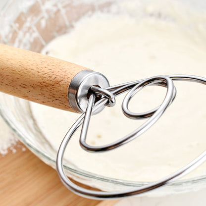 2 PCS 13 Inch Oak Handle Flour Mixer Dough Stainless Steel Mixing Rod Coil Whisk, Single Circle Agitator, Double Circle Agitator, Three Circle Agitator