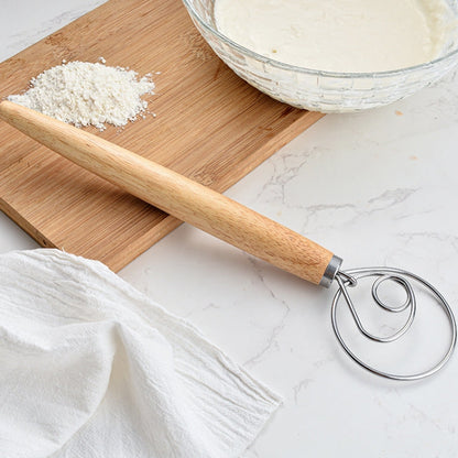 2 PCS 13 Inch Oak Handle Flour Mixer Dough Stainless Steel Mixing Rod Coil Whisk, Single Circle Agitator, Double Circle Agitator, Three Circle Agitator