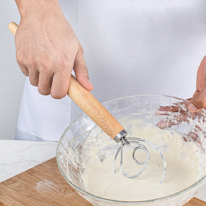 2 PCS 13 Inch Oak Handle Flour Mixer Dough Stainless Steel Mixing Rod Coil Whisk, Single Circle Agitator, Double Circle Agitator, Three Circle Agitator
