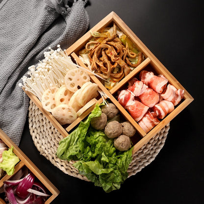 Hot Pot Bamboo Plate Compartmental Platter Vegetable Wood Tray Set, Large Nine Grid Plate, Six Grid Plate, Large Four Grid Bamboo Plate, Medium Four Grid Bamboo Plate, Small Four Grid Bamboo Plate, Three Grid Bamboo Plate, Two Grid Plate               ...