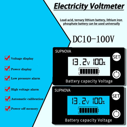 SUPNOVA DC 8-100V Battery Capacity Indicator Voltmeter Voltage Gauge,Style:, White, White + Alarm + Temperature, Blue, Blue +Alarm + Temperature