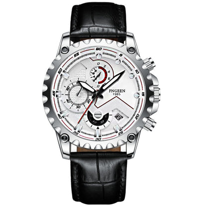 FNGEEN 5055 Men Waterproof Sports Fashion Stainless Steel Watch, Black Steel Black Surface, White Steel Black Surface, White Steel White Surface, Black Leather Black Steel Black Surface, Black Leather White Steel Black Surface                          ...