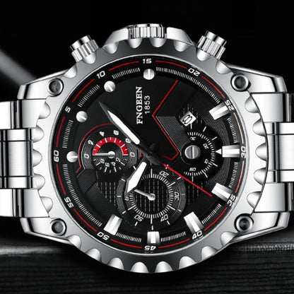 FNGEEN 5055 Men Waterproof Sports Fashion Stainless Steel Watch, Black Steel Black Surface, White Steel Black Surface, White Steel White Surface, Black Leather Black Steel Black Surface, Black Leather White Steel Black Surface                          ...