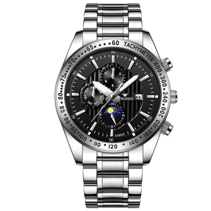 FNGEEN 5800 Men Three Eyes and Six Pins Watch Student Quartz Watch, Black Steel Black Surface, Black Steel White Surface, White Steel Black Surface, White Steel White Surface, Black Leather Black Steel Black Surface                                     ...