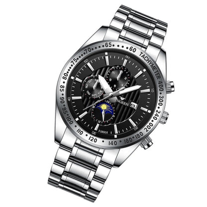 FNGEEN 5800 Men Three Eyes and Six Pins Watch Student Quartz Watch, Black Steel Black Surface, Black Steel White Surface, White Steel Black Surface, White Steel White Surface, Black Leather Black Steel Black Surface                                     ...