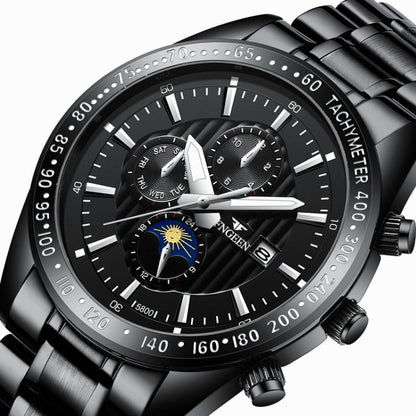 FNGEEN 5800 Men Three Eyes and Six Pins Watch Student Quartz Watch, Black Steel Black Surface, Black Steel White Surface, White Steel Black Surface, White Steel White Surface, Black Leather Black Steel Black Surface                                     ...