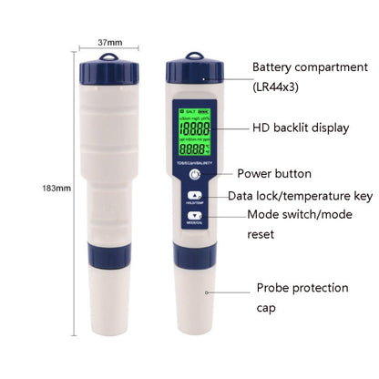 EZ-9909 PH/Salinity/Temperature/TDS/EC 5-in-1 Test Pen Multifunctional Water Quality Detector, 5-in-1 Test Pen