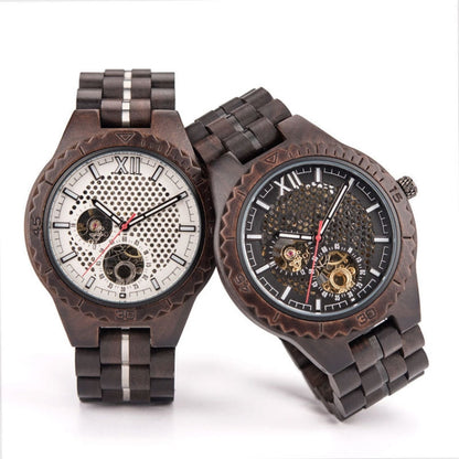 Hollow Dial Wooden Strap Men Mechanical Watch, D27-1, D27-2