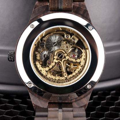 Hollow Dial Wooden Strap Men Mechanical Watch, D27-1, D27-2