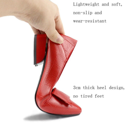 Spring And Summer Cowhide Shoes With Thick Heel Mid-Heel For Women, 34, 35, 36, 37, 38, 39, 40, 41