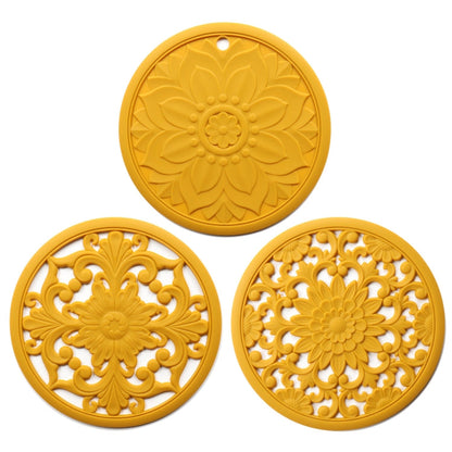 3 in 1 Hollow Flower Silicone Heat Insulation Pad Anti-Scalding Pot Bowl Pad Set, Black, Yellow, Blue, Green, Purple, Gray
