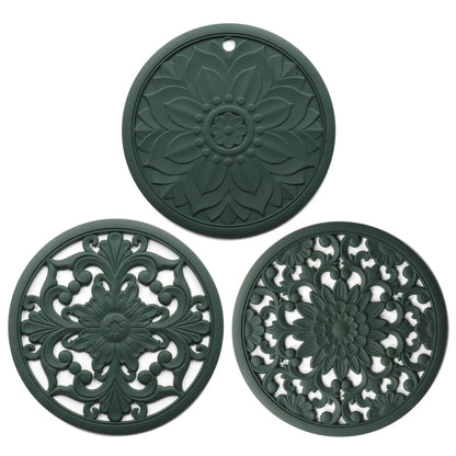 3 in 1 Hollow Flower Silicone Heat Insulation Pad Anti-Scalding Pot Bowl Pad Set, Black, Yellow, Blue, Green, Purple, Gray