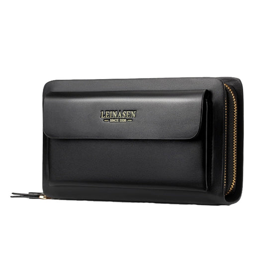 LEINASEN A82 Handbag Men Business Clips Long Big Capacity Casual Multi-Card Zipper, Black, Brown