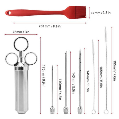 Stainless Steel Seasoning Steak Syringe Turkey Needle Set With Cleaning Silicone Brush, 11 in 1 (Red ), 11 in 1 (Black ), 11 in 1 (Blue), 11 in 1 (Green), 11 in 1 (Orange ), 11 in 1 (Yellow ), 11 in 1 (Yellow White)
