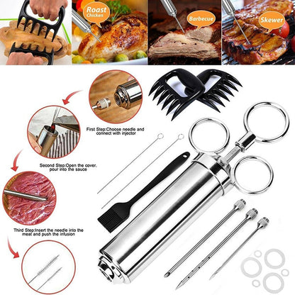 Stainless Steel Seasoning Steak Syringe Turkey Needle Set With Cleaning Silicone Brush, 11 in 1 (Red ), 11 in 1 (Black ), 11 in 1 (Blue), 11 in 1 (Green), 11 in 1 (Orange ), 11 in 1 (Yellow ), 11 in 1 (Yellow White)