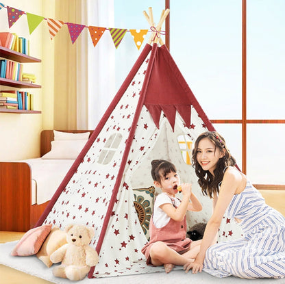 Indian Children Tent Cotton Cloth Indoor Play House Parent-Child Doll House, Pink Stars, Wavy Pattern